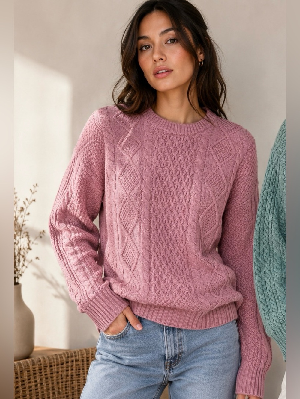 Kersh Pink Merino Wool Blend Cable Knit Sweater Size L/G  Soft Girl Apres Ski